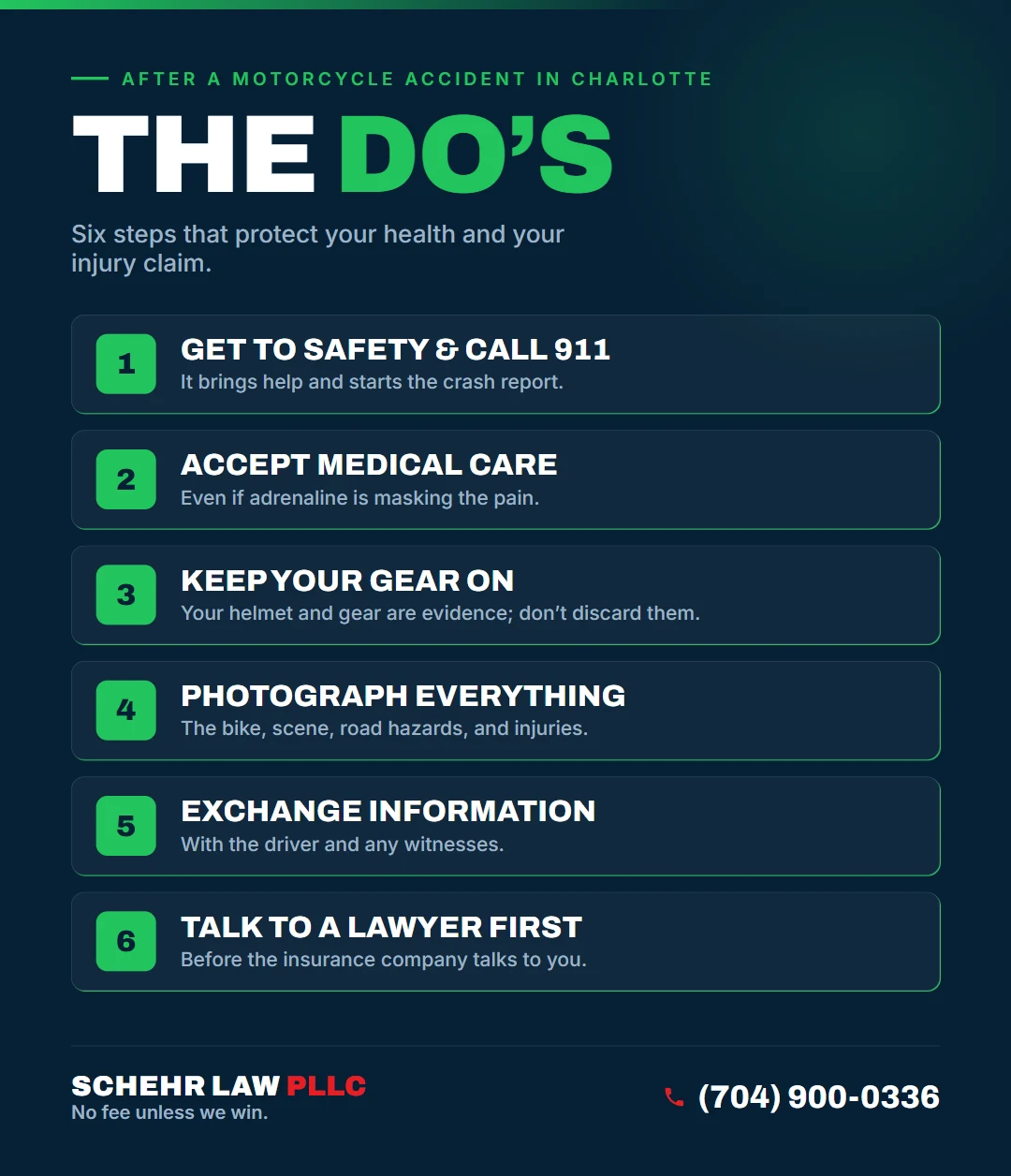 The Do&rsquo;s after a motorcycle accident in Charlotte, NC: Get to Safety and Call 911, Accept Medical Care, Keep Your Gear On, Photograph Everything, Exchange Information, Talk to a Lawyer First.